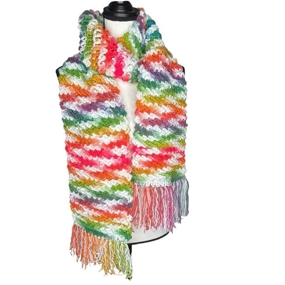 Handcrafted Crochet Scarf Colorful Multicolor Womens Ripple Waffle Stitch Knit - Picture 1 of 16